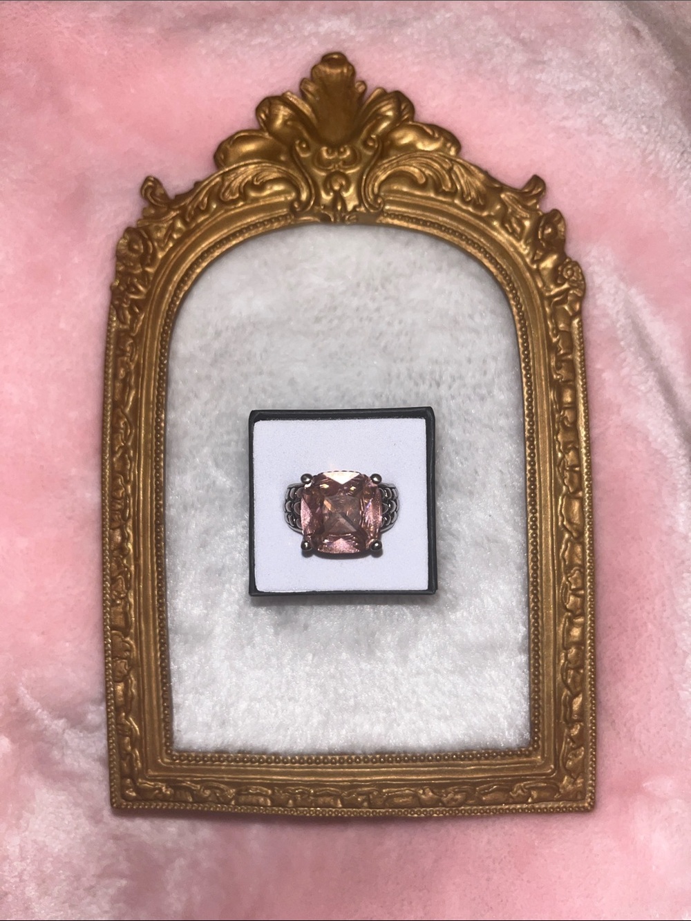 Rose Pink Cushion-Cut Ring in Dark Silver Band